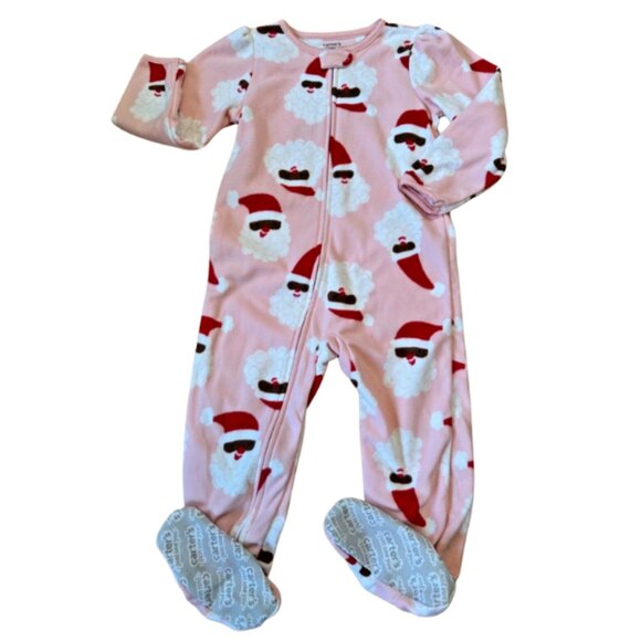 Carter’s Girls 2T  Fleece Footed Pajamas Full Zipper Santa Christmas Jammies - Picture 2 of 4